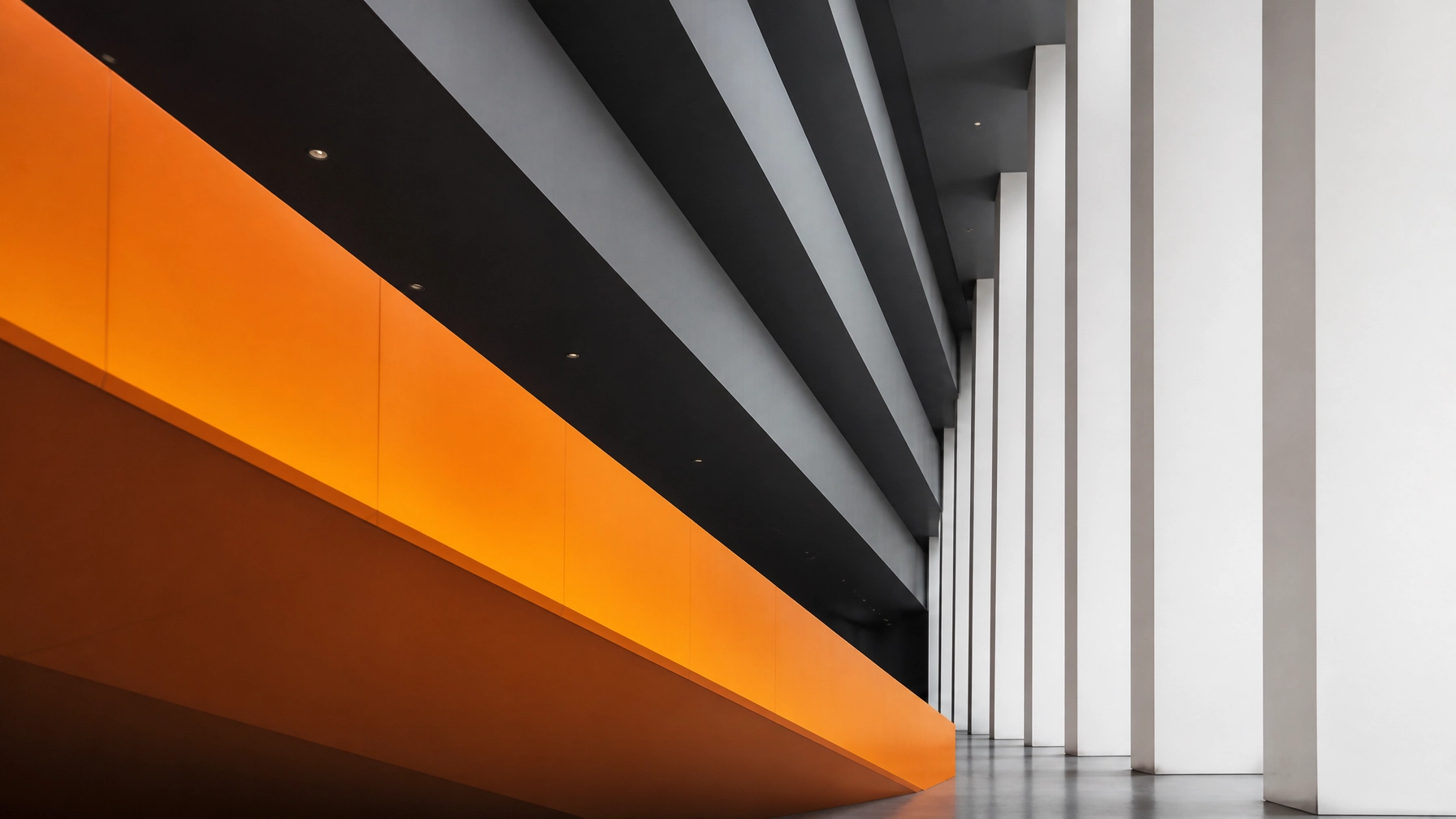 Abstract architectural structure with strong geometric lines and bold orange accents representing technical stability.