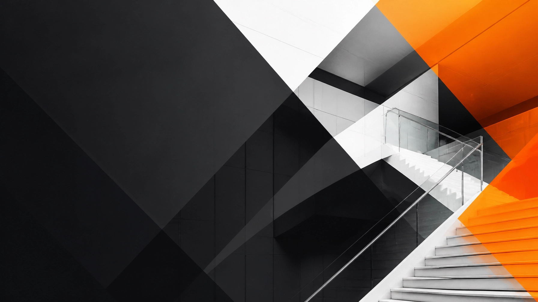 An abstract architectural composition with strong geometric lines and a vibrant orange gradient overlay against a deep charcoal background, symbolizing modern digital structure and artistic depth.