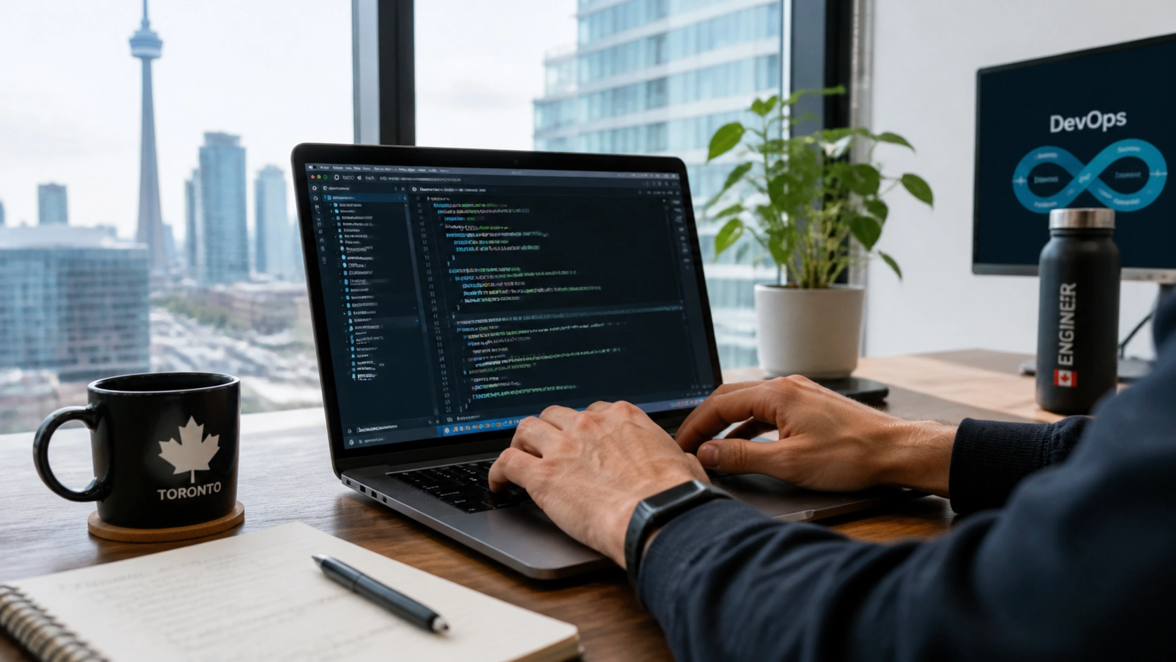 Canadian software developer working on a laptop in a bright Toronto tech office
