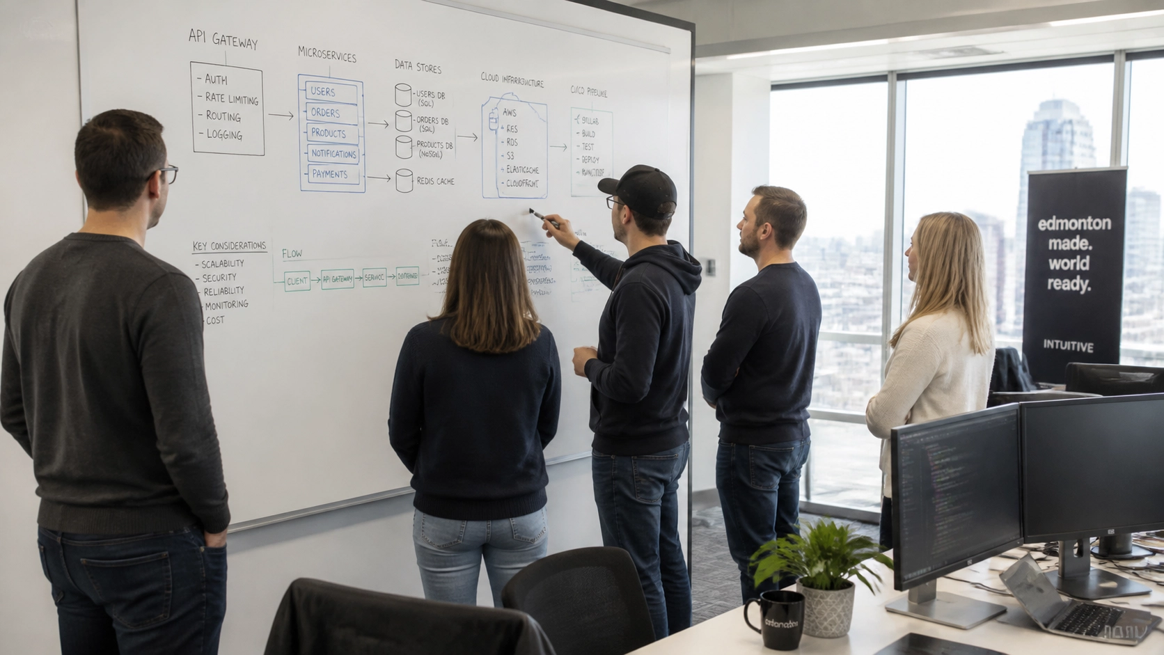 Canadian software development team collaborating around a whiteboard with architecture diagrams in a bright Edmonton office