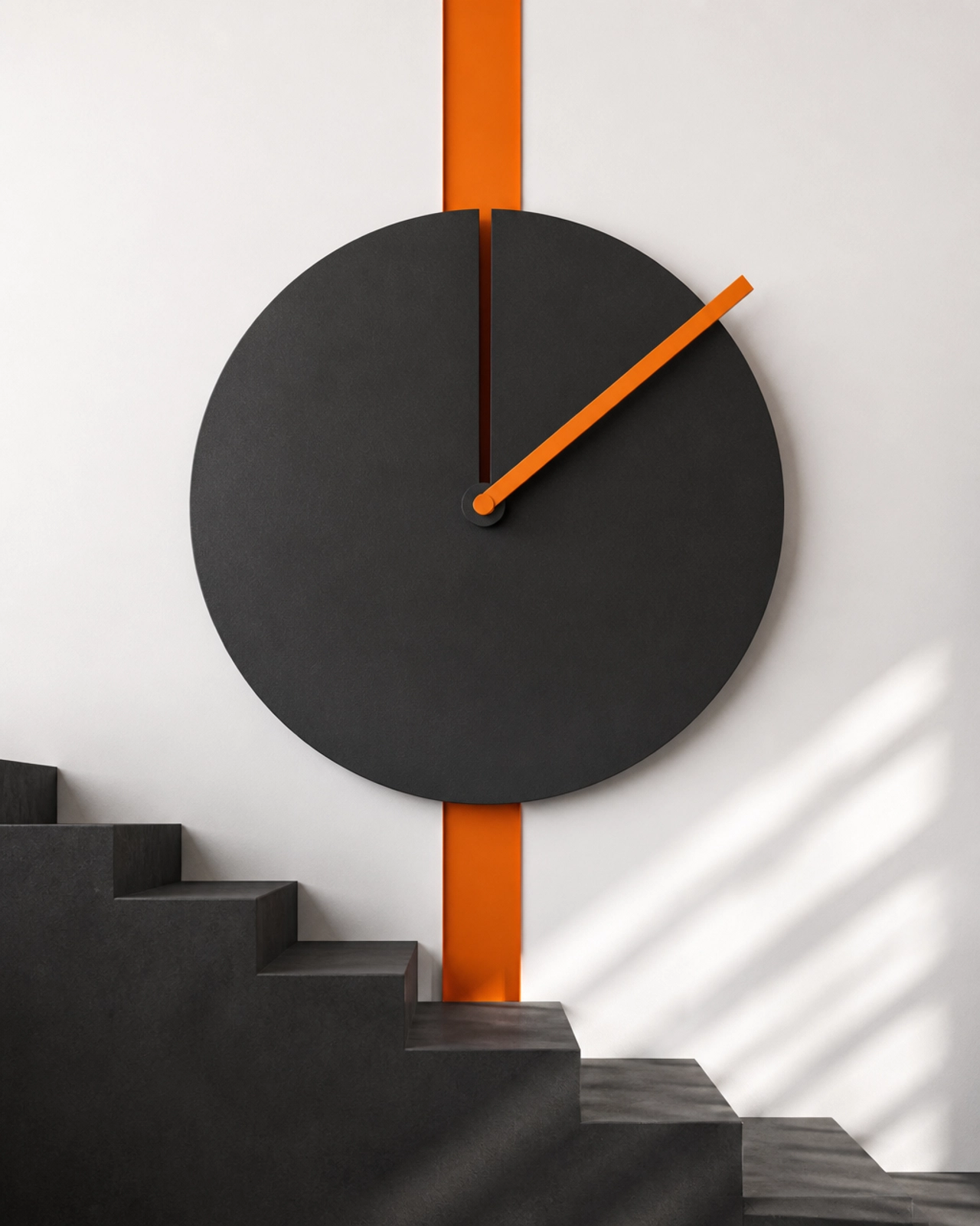 Abstract representation of a clock or time-flow using minimalist geometric shapes and bold orange accents.
