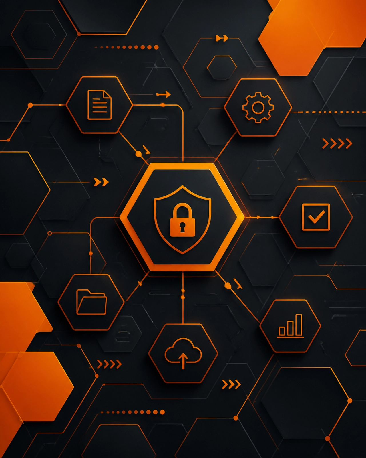 Geometric pattern of interlocking hexagons and lines in orange and charcoal