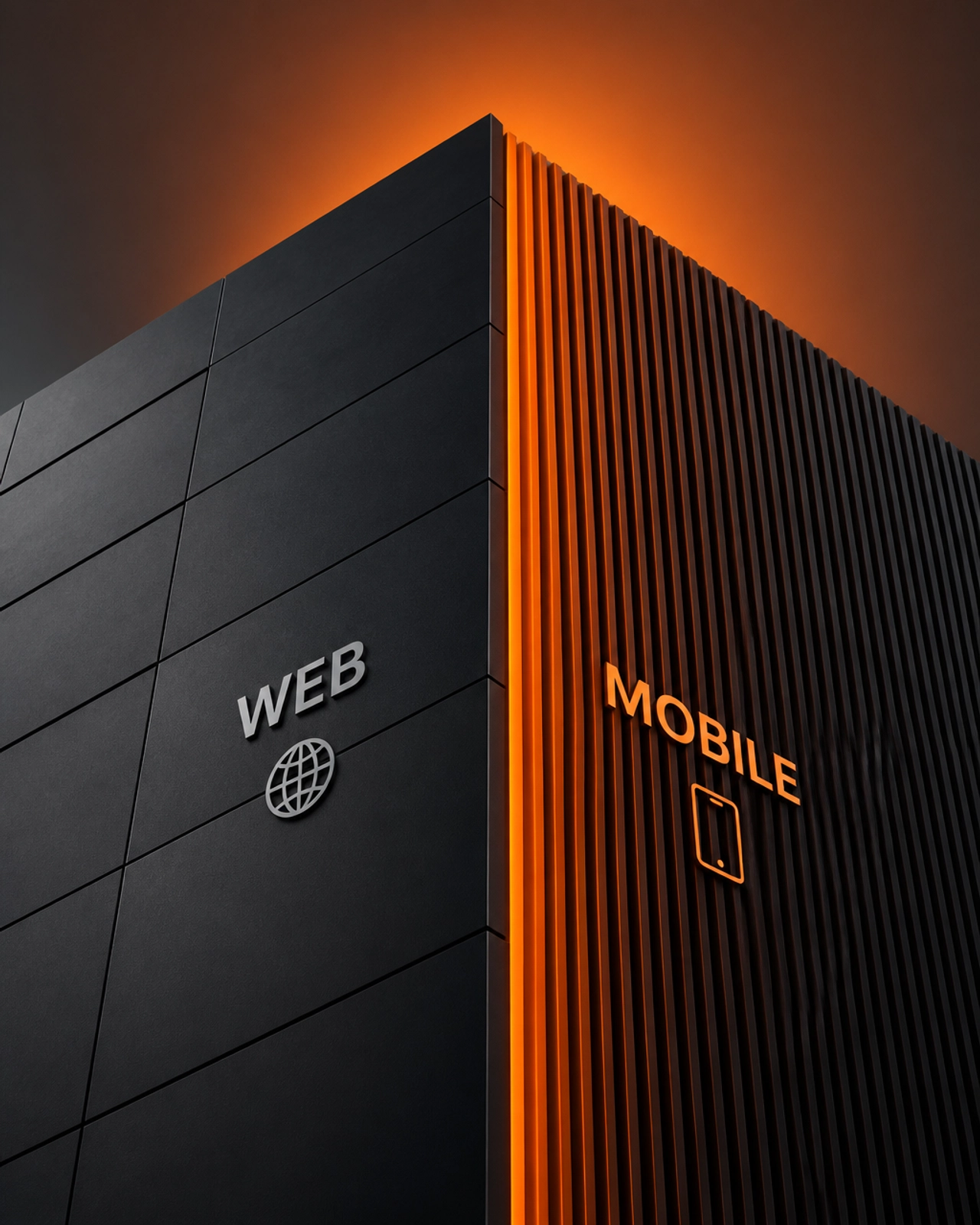 Abstract architectural shot representing the choice between web and mobile platforms with a vibrant orange gradient