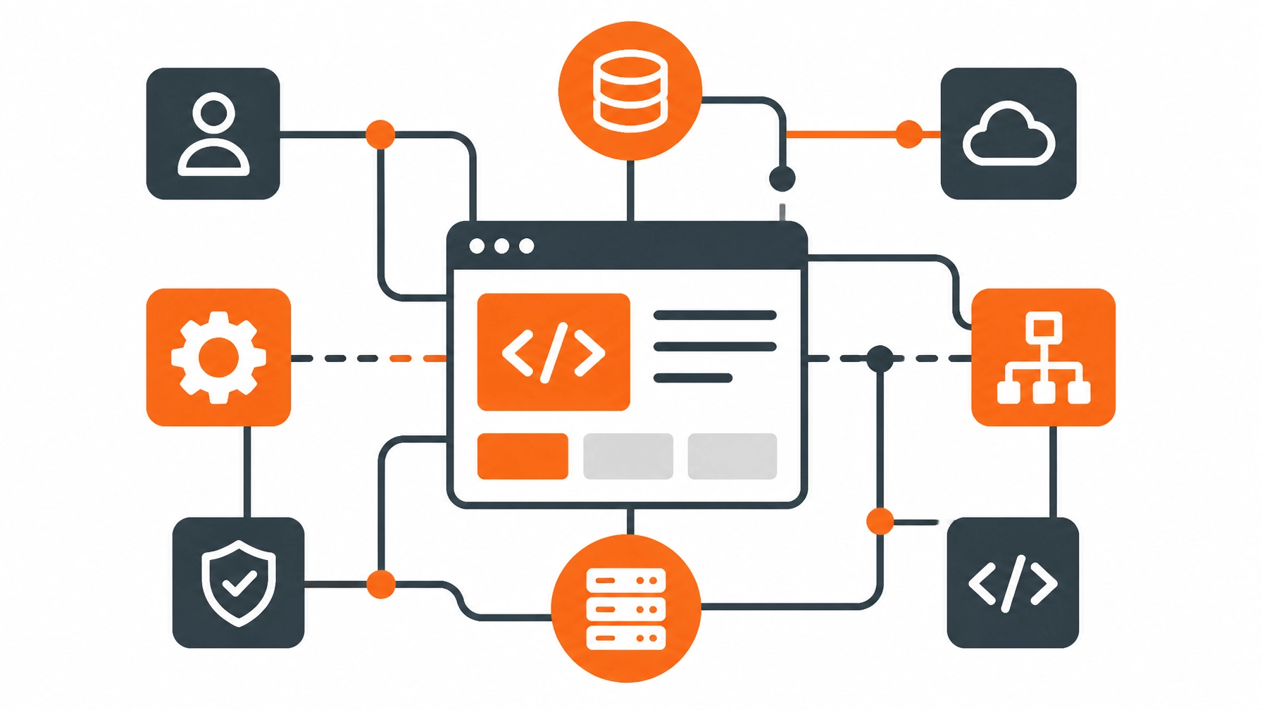 Flat vector illustration of interconnected geometric nodes representing custom software architecture