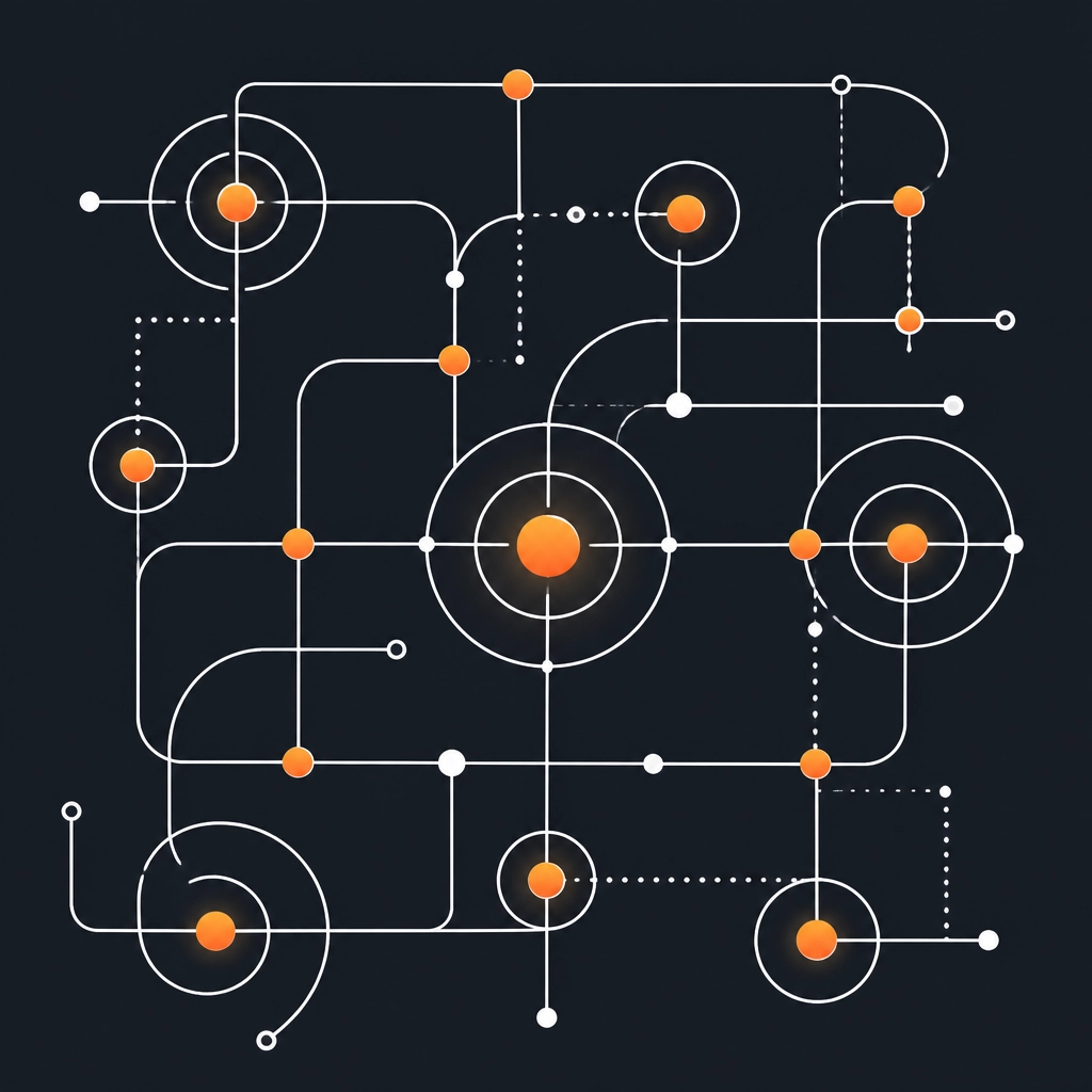 A minimalist geometric pattern of intersecting white lines on a charcoal background with orange highlights representing a complex network or system