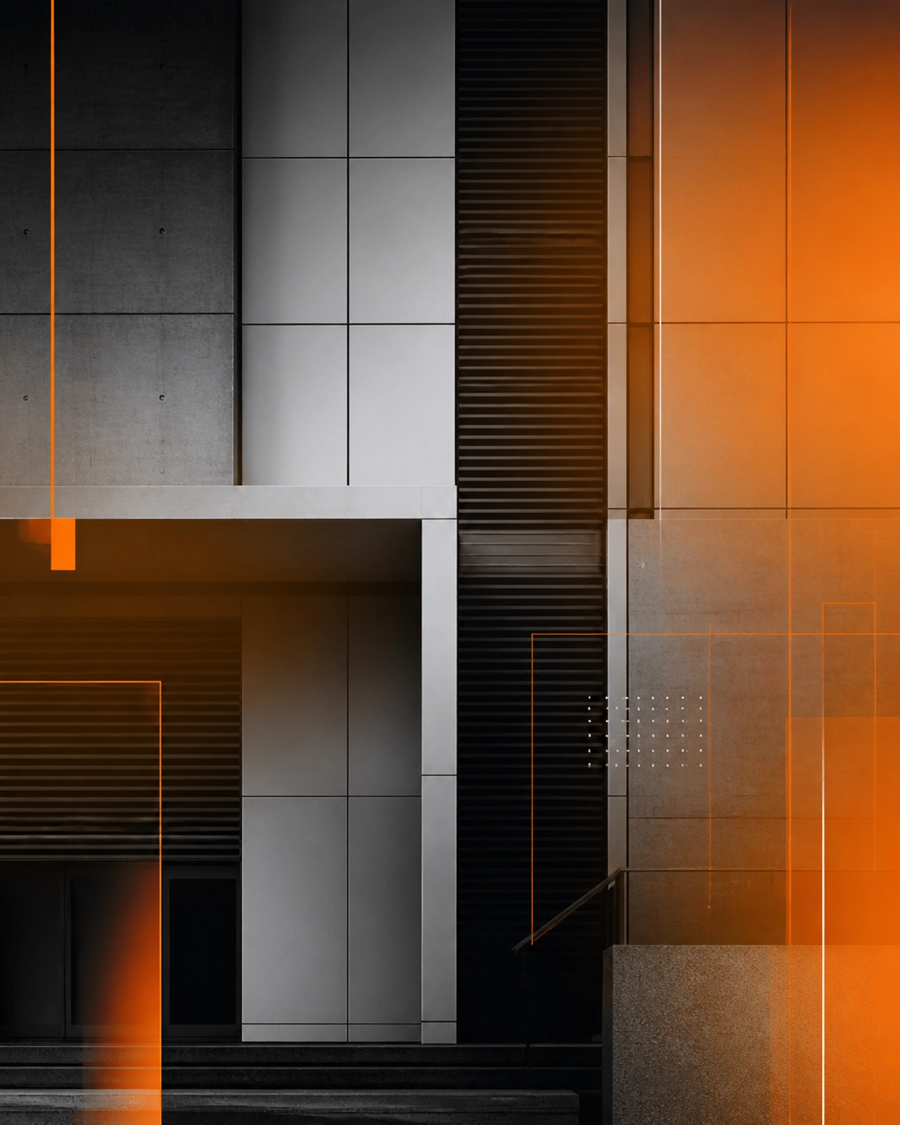 Abstract geometric pattern representing a masonry grid system with high-contrast architectural lines and orange highlights.