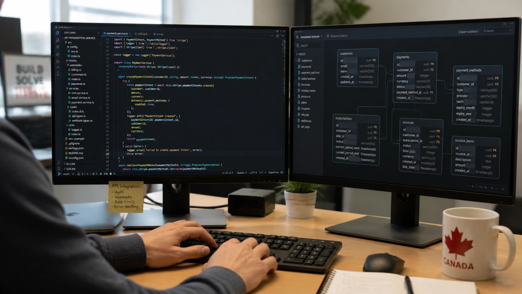 Canadian software engineer working on a dual-monitor desktop setup displaying complex API integration code