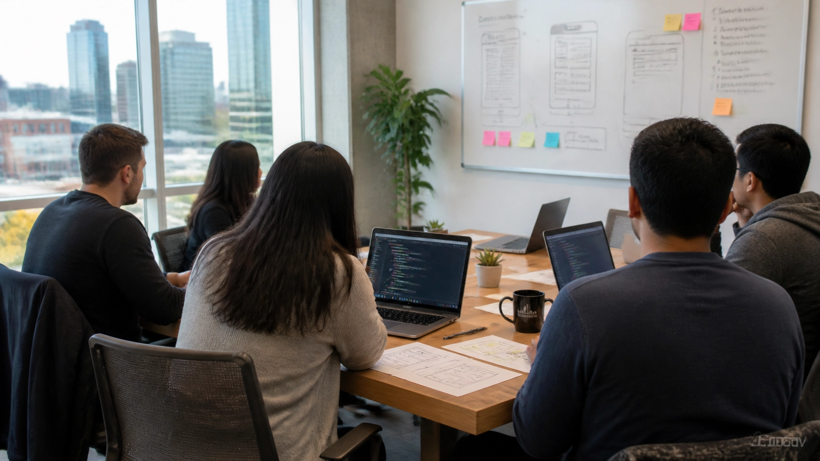 Diverse Canadian startup team of Caucasian and multi-ethnic engineers collaborating around a table with laptops and wireframes with no visible faces