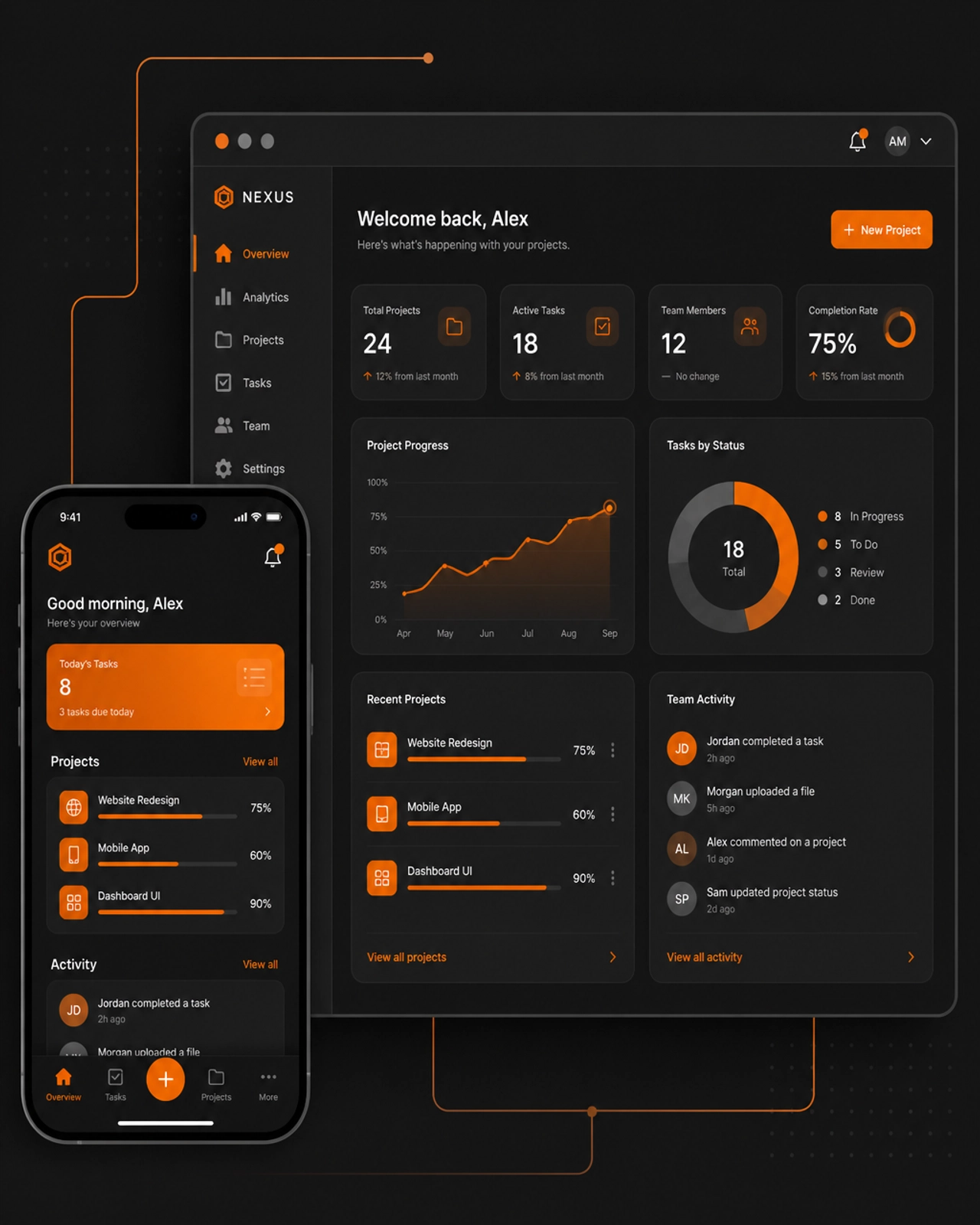 Abstract illustration of a mobile and web dashboard ecosystem with orange accents