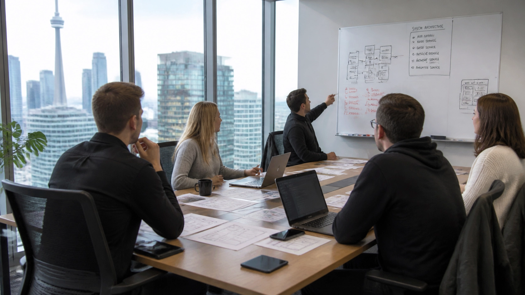 Canadian software development team collaborating around a conference table with wireframes in a modern Toronto office