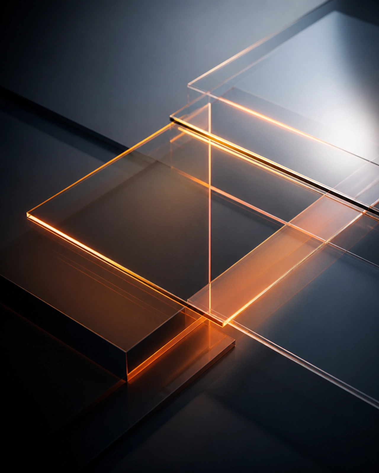A minimalist composition representing transparency and clarity in business processes with orange glowing edges.